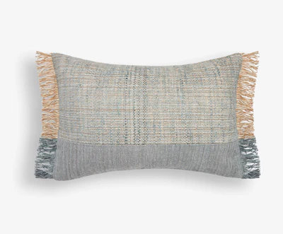 Large Blue/Beige Fringed Lumbar Cushion